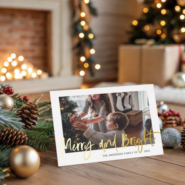 Merry and Bright Gold Foil Script Photo Christmas  Foil Holiday Postcard (Creator Uploaded)