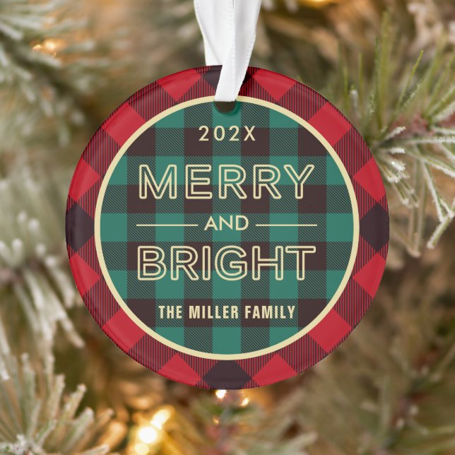 Merry and Bright Gold Green Red Plaid Photo Ornament (Tree)