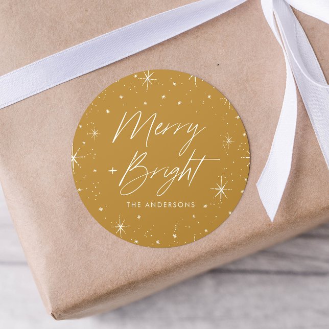 Merry and Bright Gold Holiday Classic Round Sticker (Creator Uploaded)