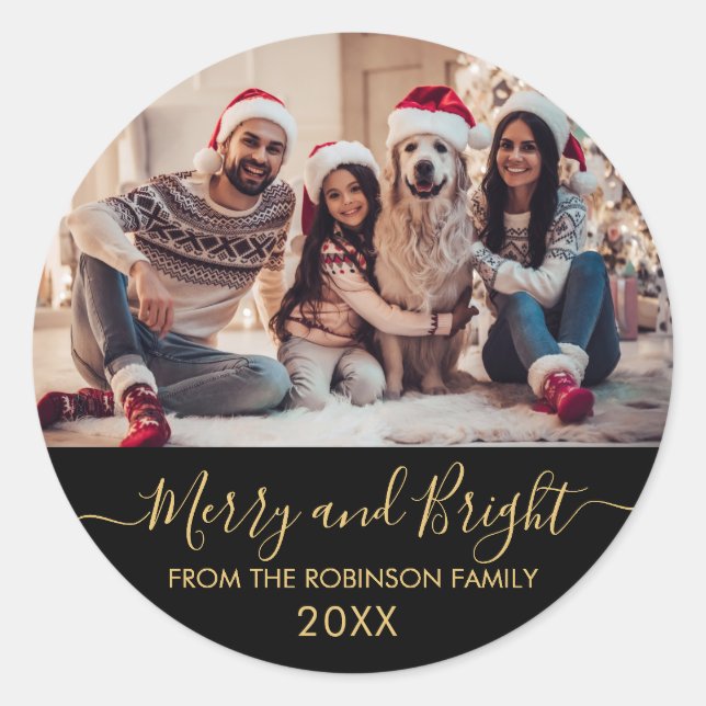 Merry and Bright Gold Script Black Photo Christmas Classic Round Sticker (Front)