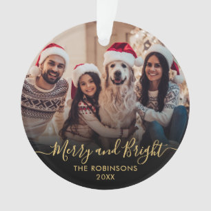 Merry and Bright Gold Script Black Photo Christmas Ornament