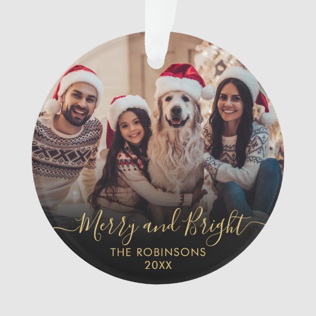 Merry and Bright Gold Script Black Photo Christmas Ornament (Front)