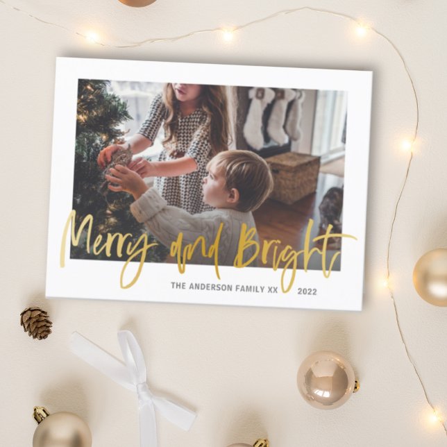 Merry and Bright Gold Script Photo Christmas  Postcard (Creator Uploaded)