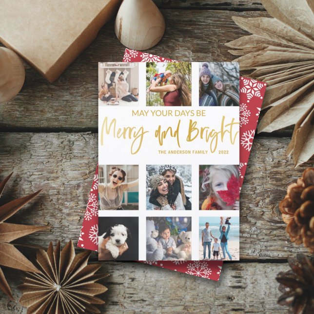 Merry and Bright Gold Script Photo Collage  Holiday Card (Creator Uploaded)