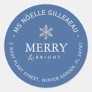 Merry and Bright Gold Snowflake Blue Minimalist  Classic Round Sticker