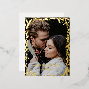 Merry and Bright Golden Wreath photo Christmas  Foil Holiday Postcard