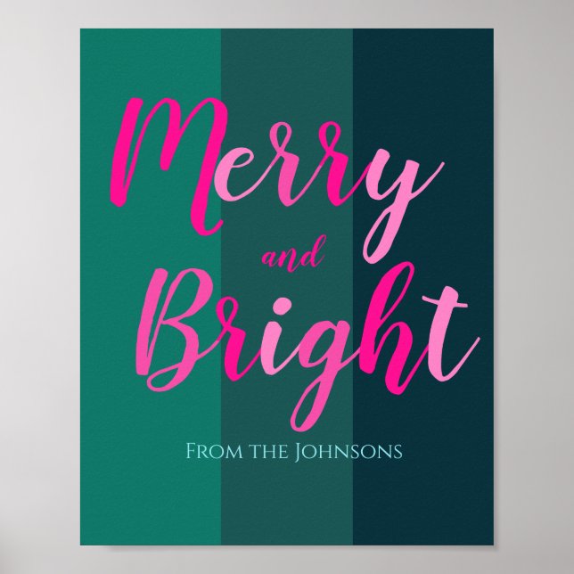 Merry and Bright Green and Pink Christmas Poster (Front)