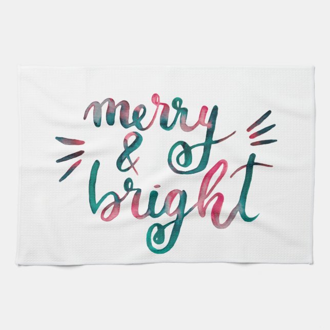 Merry and bright - green and pink tea towel (Horizontal)