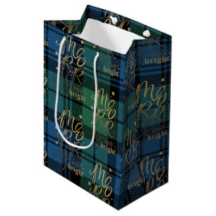 Merry and Bright Green Blue Buffalo Plaid Rustic Medium Gift Bag