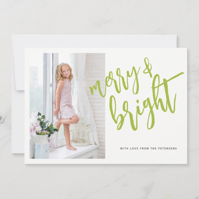 Merry and Bright green Christmas photo Holiday Card (Front)