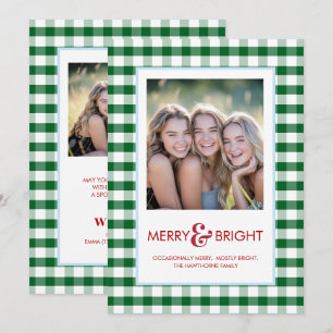 Merry and Bright Green Plaid Funny Holiday Card