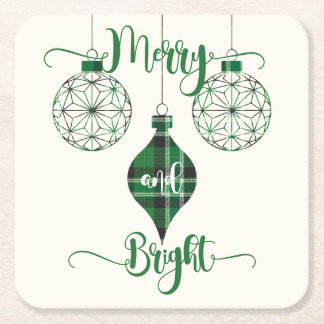 Merry and Bright Green Plaid Ornament Square Paper Coaster