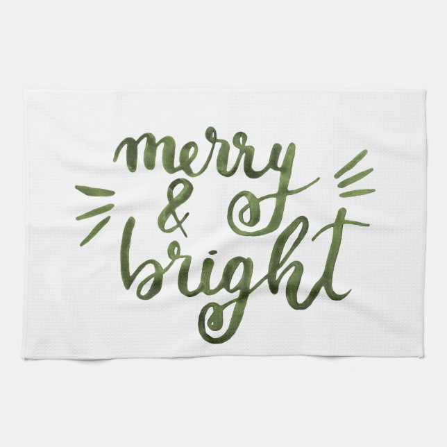 Merry and bright - green tea towel (Horizontal)