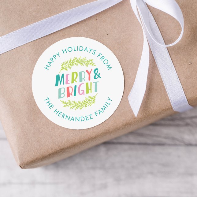 Merry and Bright Happy Holidays Classic Round Sticker (Creator Uploaded)