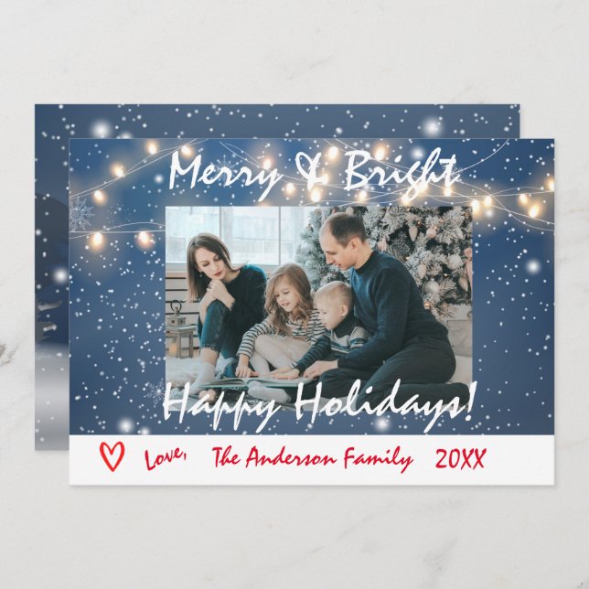 Merry and Bright Happy Holidays Family Photo Card (Front/Back)