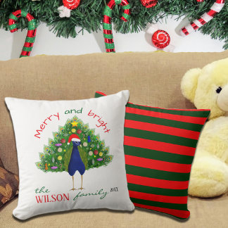 Merry and Bright Holiday Christmas Tree Peacock Cushion