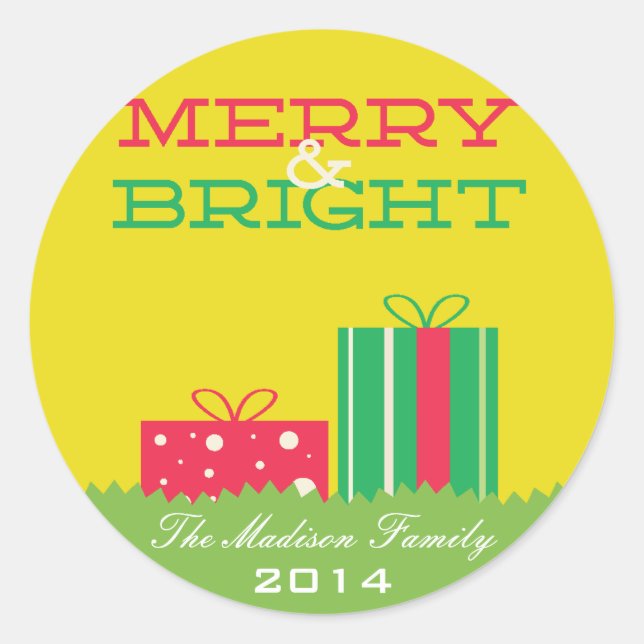 Merry and Bright Holiday gift boxes Classic Round Sticker (Front)
