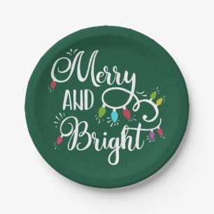 merry and bright holiday lights paper plate