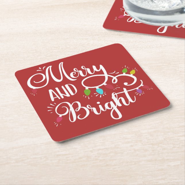 merry and bright holiday lights square paper coaster (Angled)
