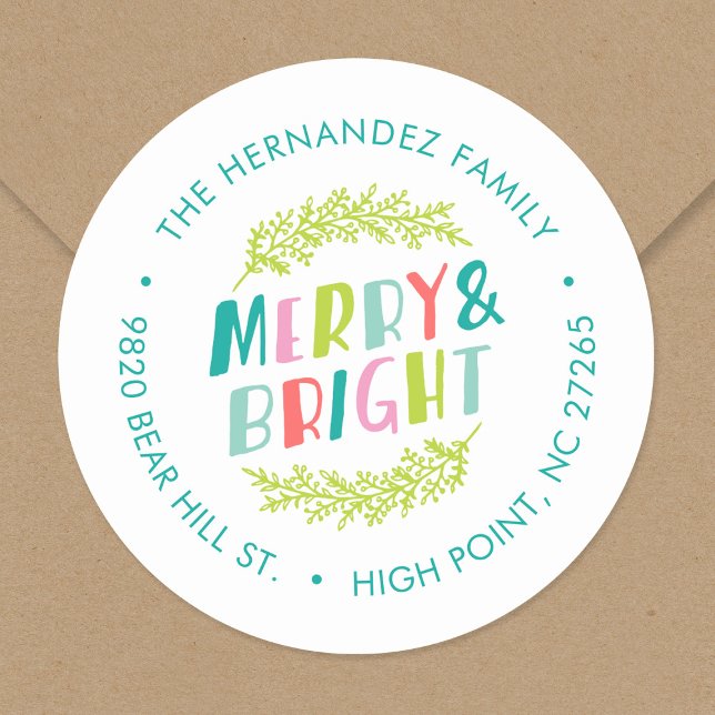 Merry and Bright Holiday Return Address Classic Round Sticker (Creator Uploaded)