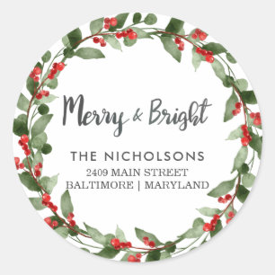 Merry And Bright   Holiday Wreath Return Address  Classic Round Sticker