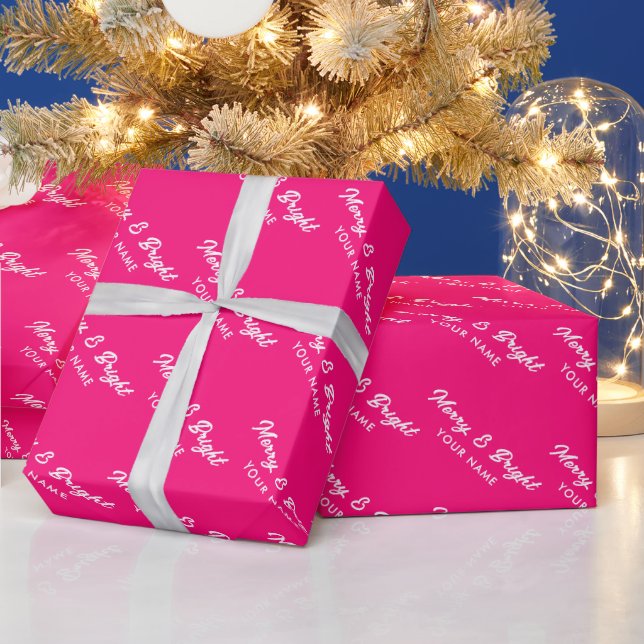 Merry and Bright hot neon pink script Christmas Wrapping Paper (Holidays)