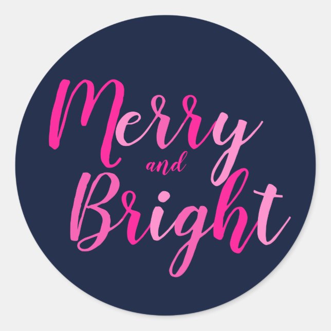 Merry and Bright Hot Pink Blue Classic Round Sticker (Front)