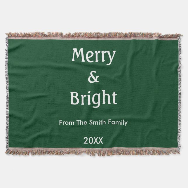 Merry And Bright Hunter Green Christmas Gift Decor Throw Blanket (Front)