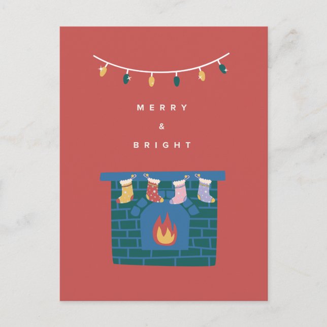Merry and Bright Illustrated Fireplace Christmas Holiday Postcard (Front)
