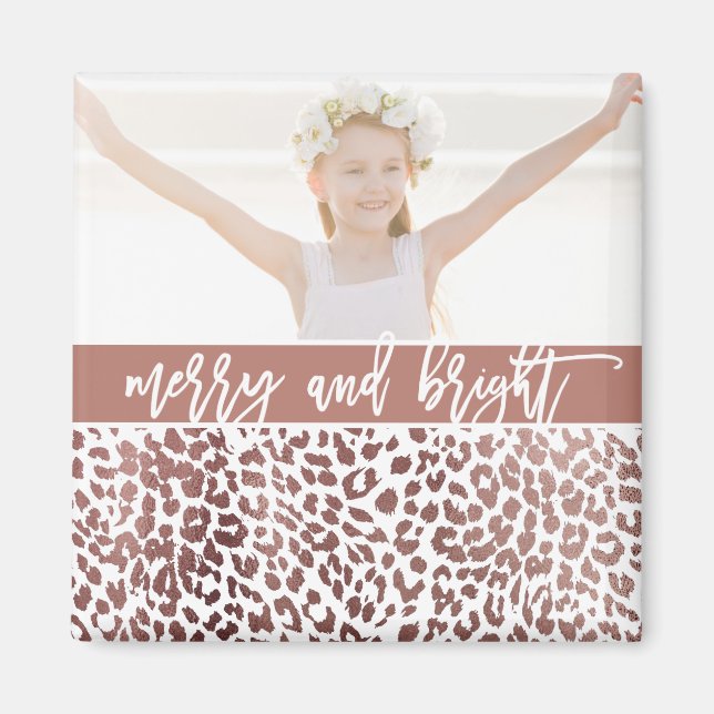 Merry and Bright Leopard Print Photo Holiday Magnet (Front)