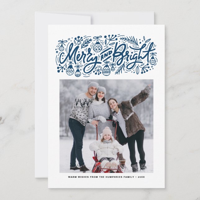 Merry and Bright Lettering Blue Christmas Photo Holiday Card (Front)
