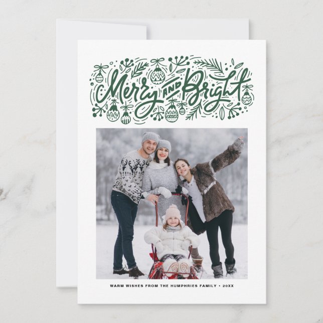 Merry and Bright Lettering Green Christmas Photo Holiday Card (Front)