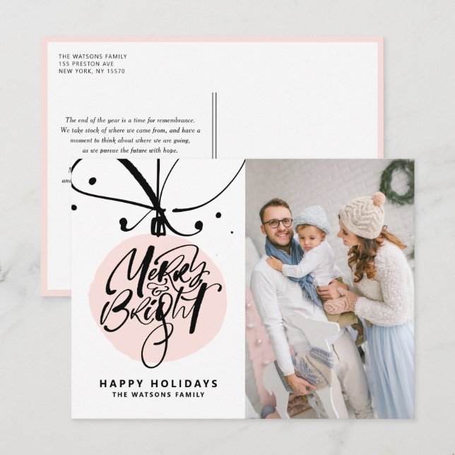 Merry and Bright Lettering Pink Ornament Photo Holiday Postcard (Front/Back)