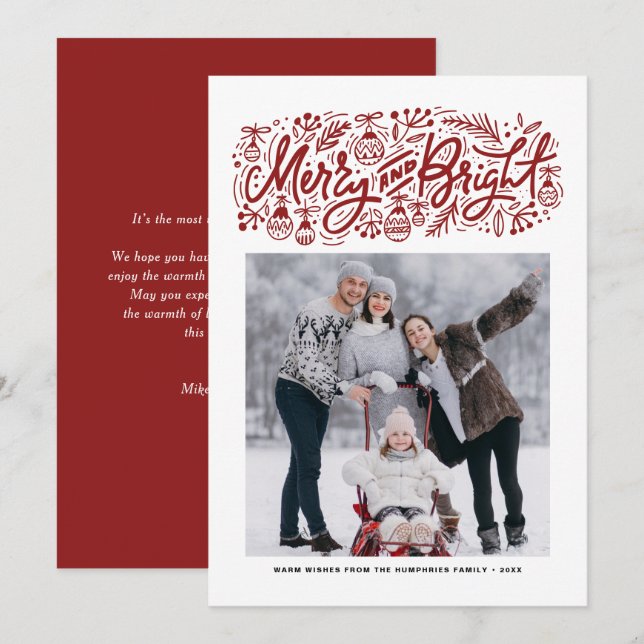 Merry and Bright Lettering Red Christmas Photo Holiday Card (Front/Back)