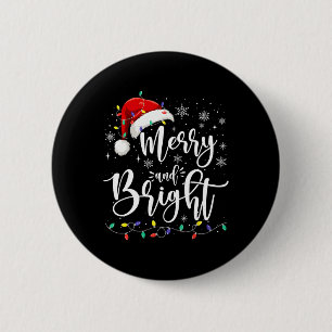 Merry And Bright Lights Red Santa Hat Xmas Family 6 Cm Round Badge
