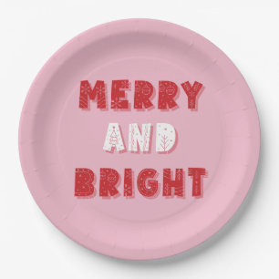 Merry and Bright, Merry Christmas, Christmas, Pink Paper Plate