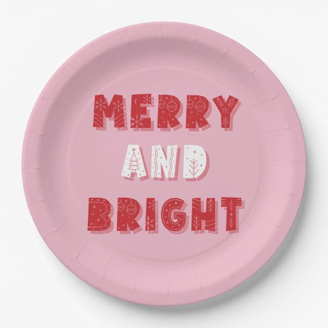 Merry and Bright, Merry Christmas, Christmas, Pink Paper Plate (Front)
