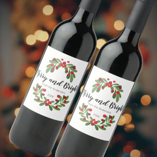 Merry and Bright Mistletoe Family Christmas Wine Label