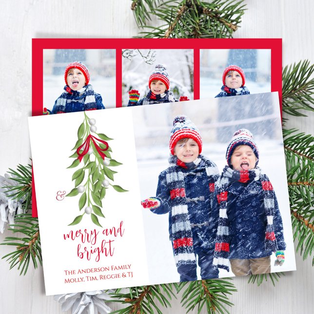 Merry and Bright Mistletoe Watercolor 4 Photo Holiday Card (Merry and Bright Christmas holiday photo card.)