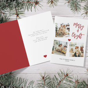 Merry and bright modern 3 photo collage Christmas Card