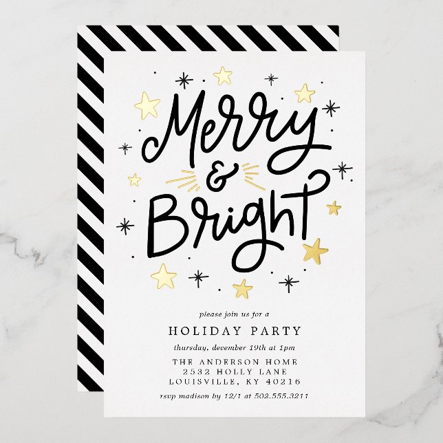Merry And Bright Modern Black Gold Holiday Party F (Front/Back)