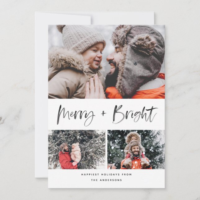 Merry and Bright Modern Brush Script Collage Photo Holiday Card (Front)