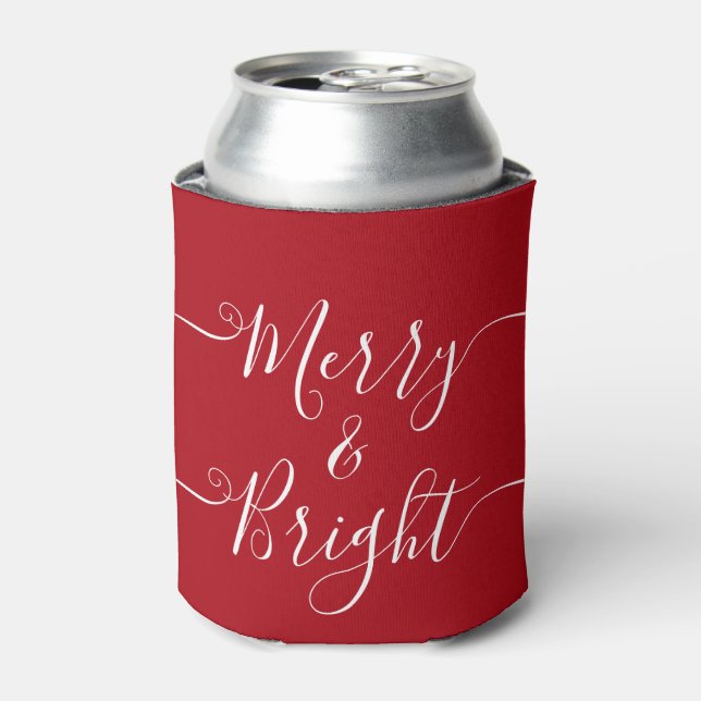 Merry And Bright | Modern Caligraphy Red Christmas Can Cooler (Can Front)