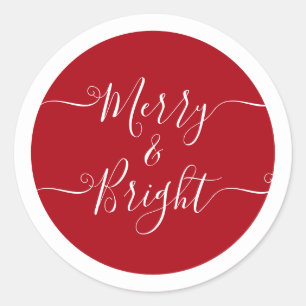 Merry And Bright Modern Caligraphy Red Christmas Classic Round Sticker