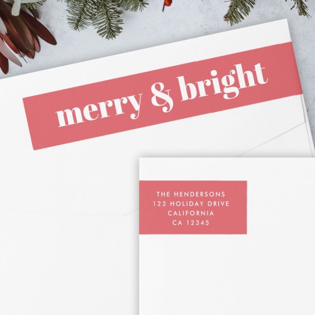 Merry and Bright | Modern Christmas Bright Red Wrap Around Label (“Merry & Bright” envelope wrap address label by Guava for your festive mail)