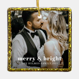 merry and bright modern christmas couple photo ceramic ornament