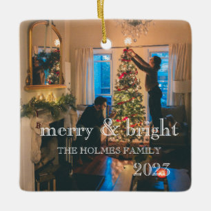 Merry and Bright   Modern Christmas Couple Photo O Ceramic Ornament