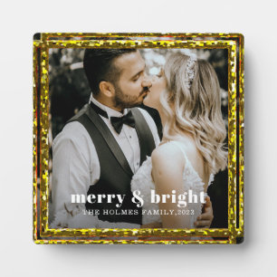 merry and bright modern christmas couple photo  plaque