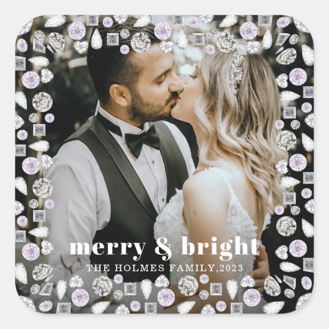 merry and bright modern christmas couple photo  square sticker (Front)