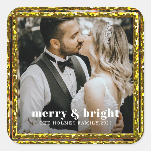 merry and bright modern christmas couple photo  square sticker (Front)